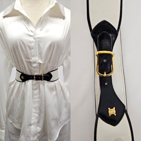 Celine Leather Wide Waisy Belt In Navy White and Gold Women's Size 65 / 25 - Picture 1 of 13